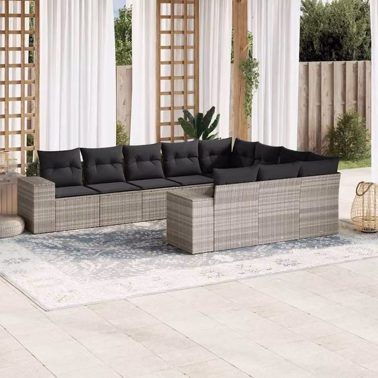 vidaXL Set Divano da Giardino a L in Polyrattan Grigio con 10 Pezzi e Cuscini Imbottiti