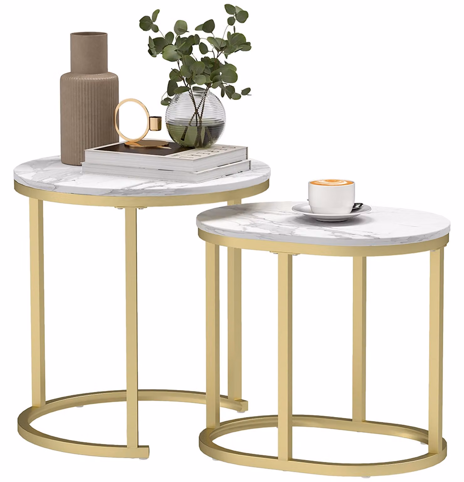 Set composto da 2 tavolini impilabili | Colore: Bianco, Oro | Dimensioni: 50x50x50,5 / 60x36x43,5 cm