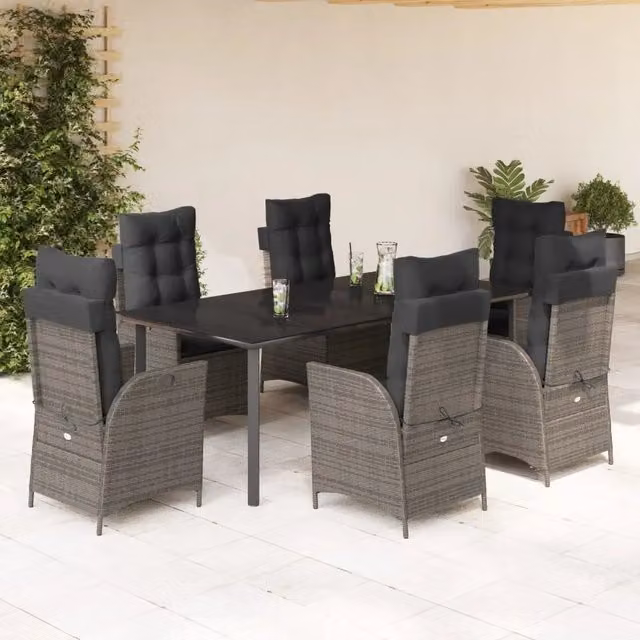 Set da Pranzo da Giardino vidaXL in Polyrattan e Vetro con 7 Pezzi, Colore Grigio e Nero