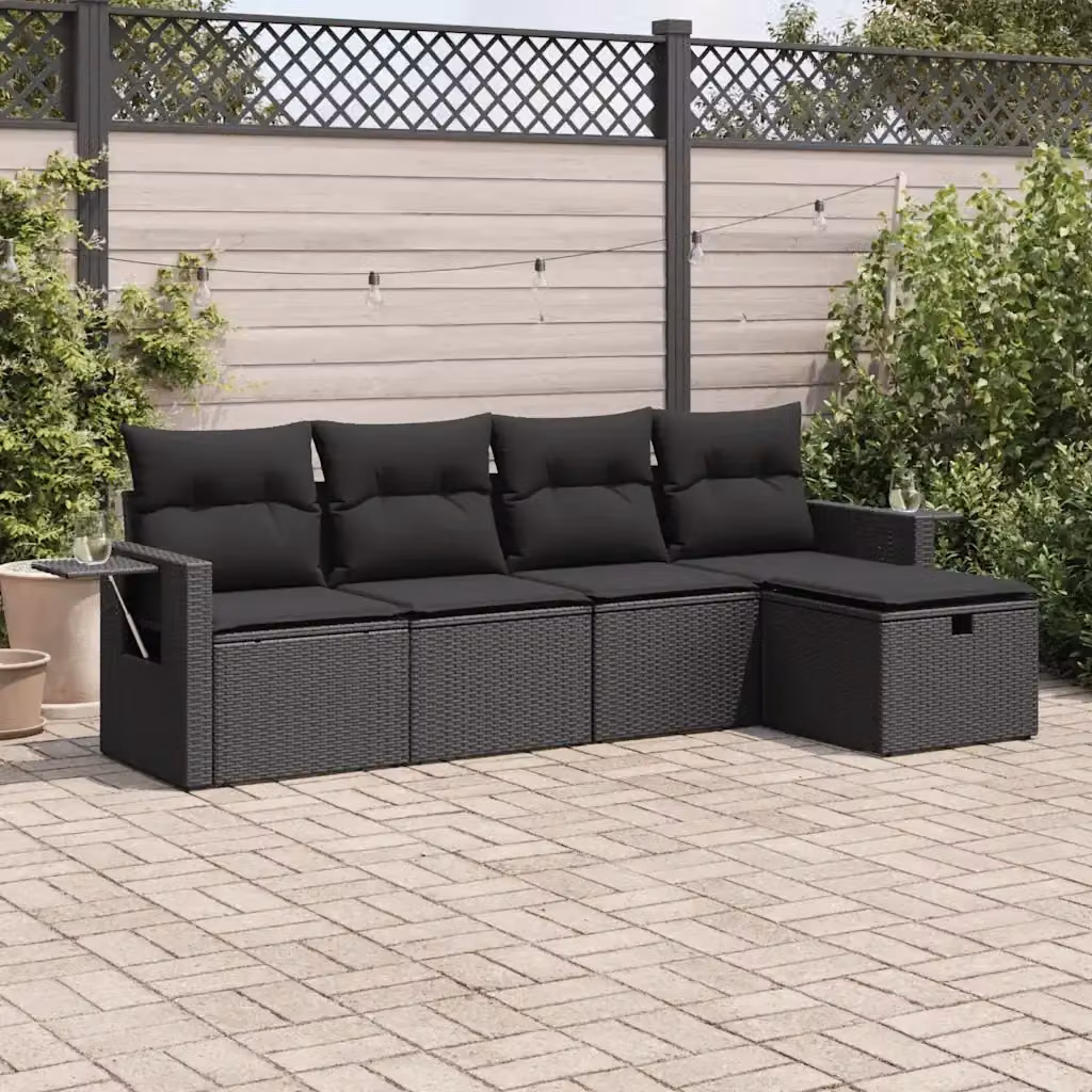 Set Salotto da Giardino a L di 5 Pezzi in Polyrattan Nero con Cuscini e Ottoman Design Moderno – 2