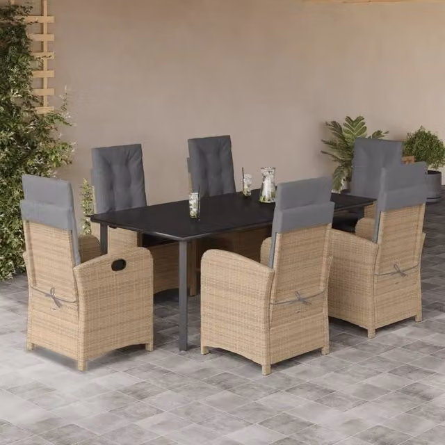 Set da pranzo da giardino vidaXL in polyrattan con tavolo in vetro e 7 pezzi, colori beige, nero e grigio – 1