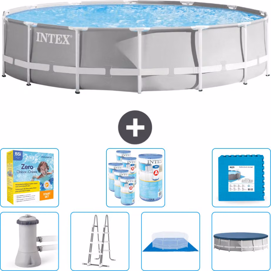 Piscina Intex Round Prism Frame - 427 x 107 cm - Grigio - inclusa pompa - scaletta - telo di fondo - pacchetto di manutenzione della copertura - filtro - piastrelle per il pavimento