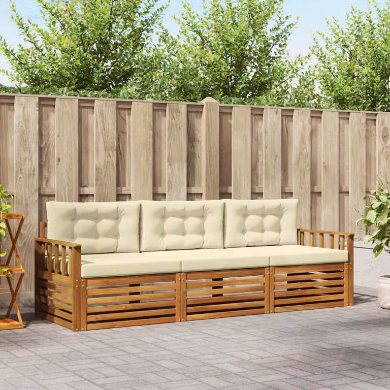 Set di divani da esterno vidaXL in legno di acacia con cuscini, colore beige e bianco