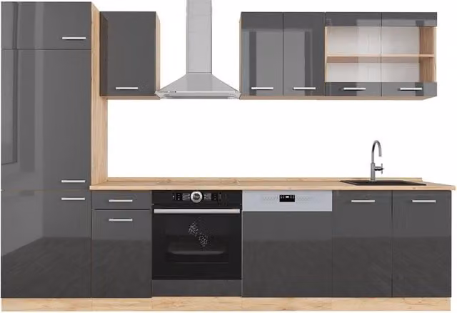 Cucina componibile moderna R-Line Vicco in antracite lucido e rovere dorato, larghezza: 300 cm
