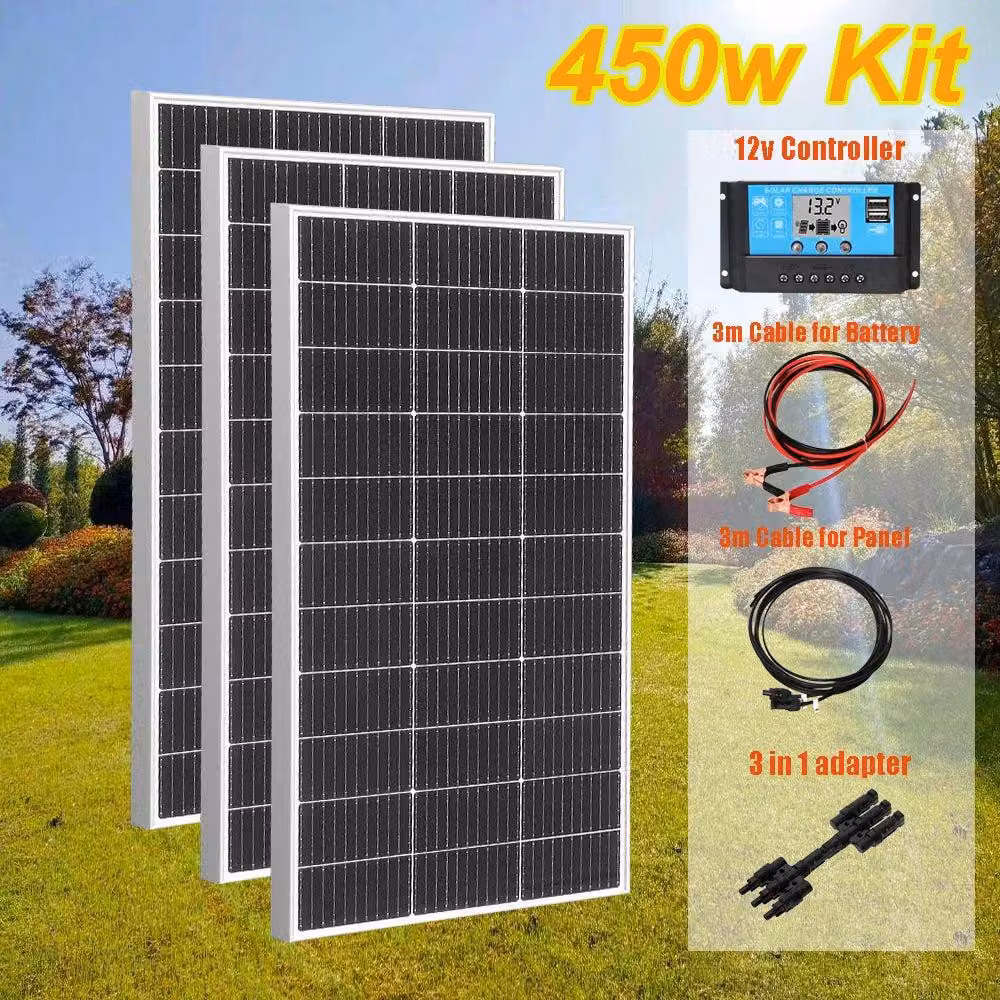 Pannello solare - Kit solare monocristallino - 12V 450W - 3 pezzi - Impermeabile, con vetro e alluminio