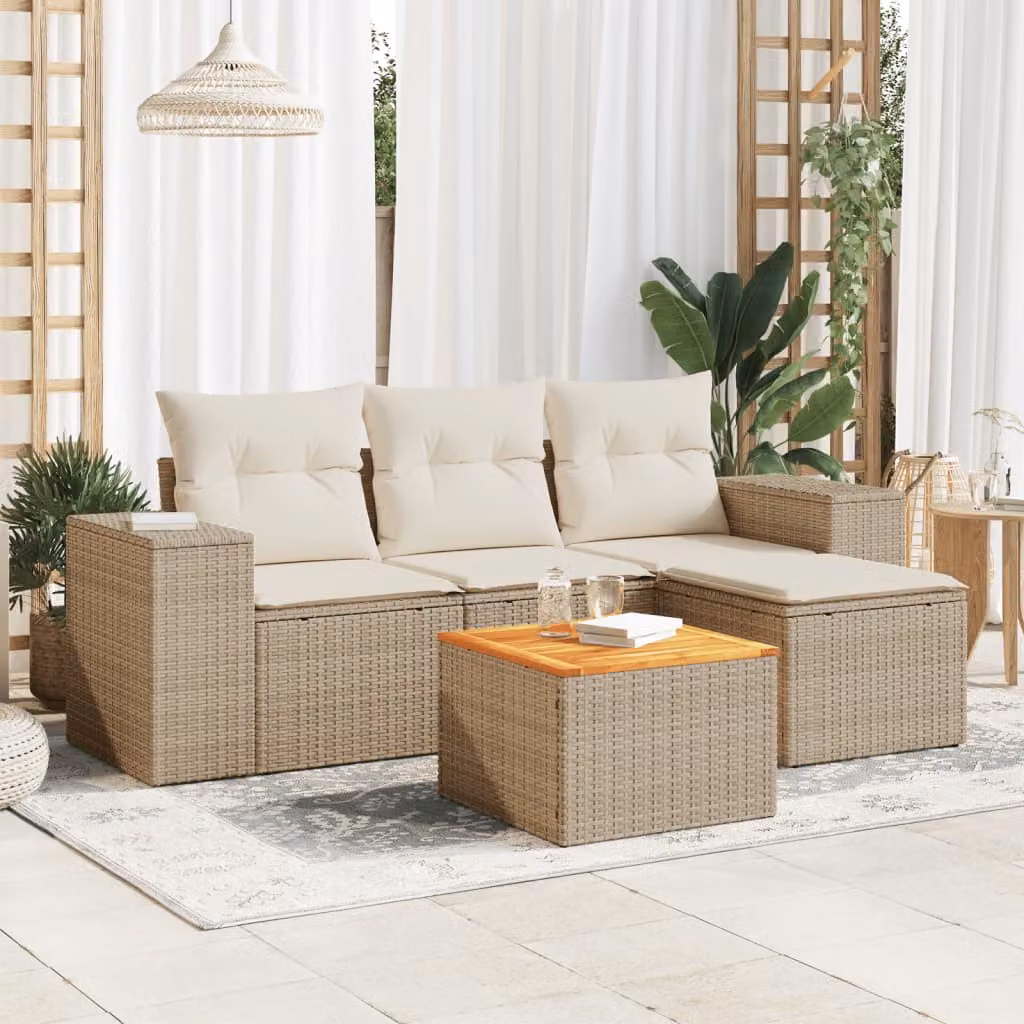 vidaXL Set Divano da Giardino a L 5 pz in Polyrattan Beige con Cuscini Imbottiti e Tavolino