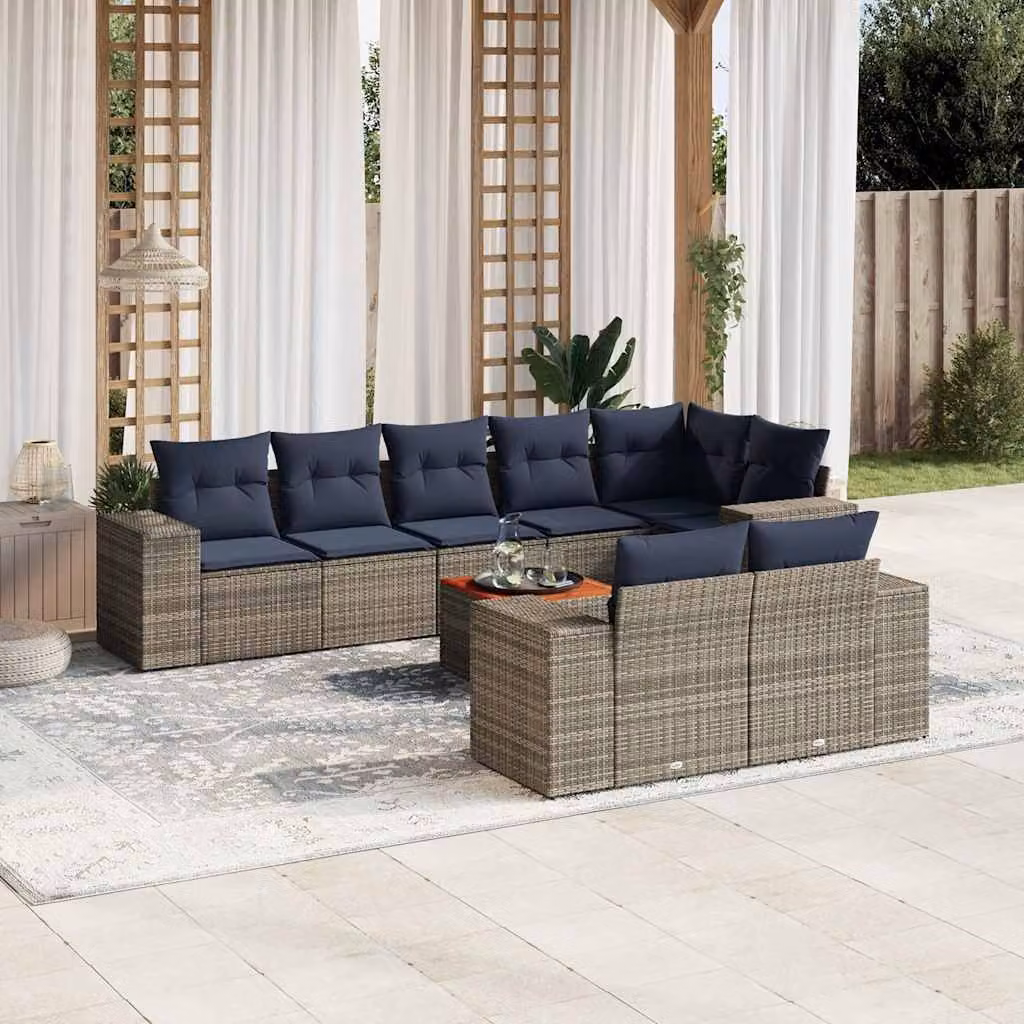Set Divani da Giardino vidaXL 9 pz in Polyrattan Grigio con Cuscini e Tavolino da Esterno a Forma di L