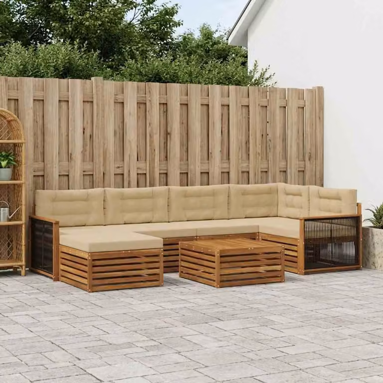 Set di divani da esterno vidaXL a forma di L in legno di acacia con tavolino e pouf, 7 pezzi, Beige e Marrone