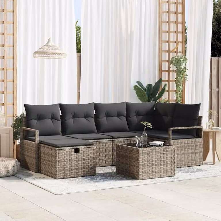 Set Divano da Giardino vidaXL 7 Pezzi in Polyrattan Grigio con Cuscini e Tavolino