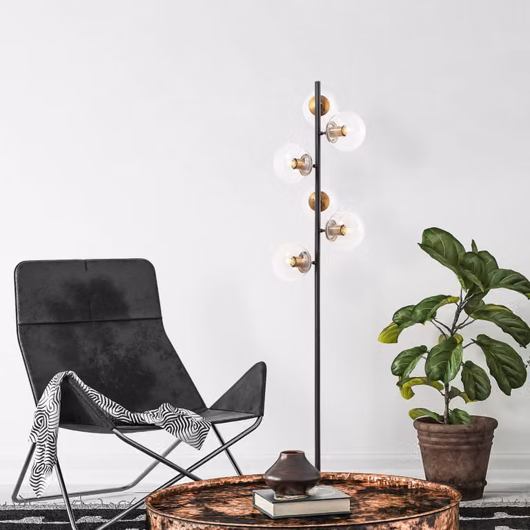 Opviq, lampada da terra di alta qualità, struttura in metallo, paralume in vetro, 35 x 22 x 163 cm | IP20, 6 x E14 max 40 W, nero e effetto anticato | Design elegante e industriale per ambienti moderni.