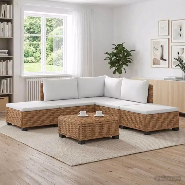 Set Lounge da Giardino a Forma di L vidaXL in Polyrattan con Cuscini Beige e Bianco per 6 Persone