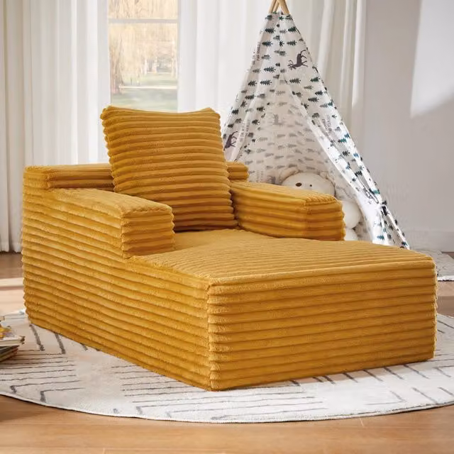 Divano letto méridienne OKWISH in tessuto a coste giallo con imbottitura in schiuma e molle insacchettate