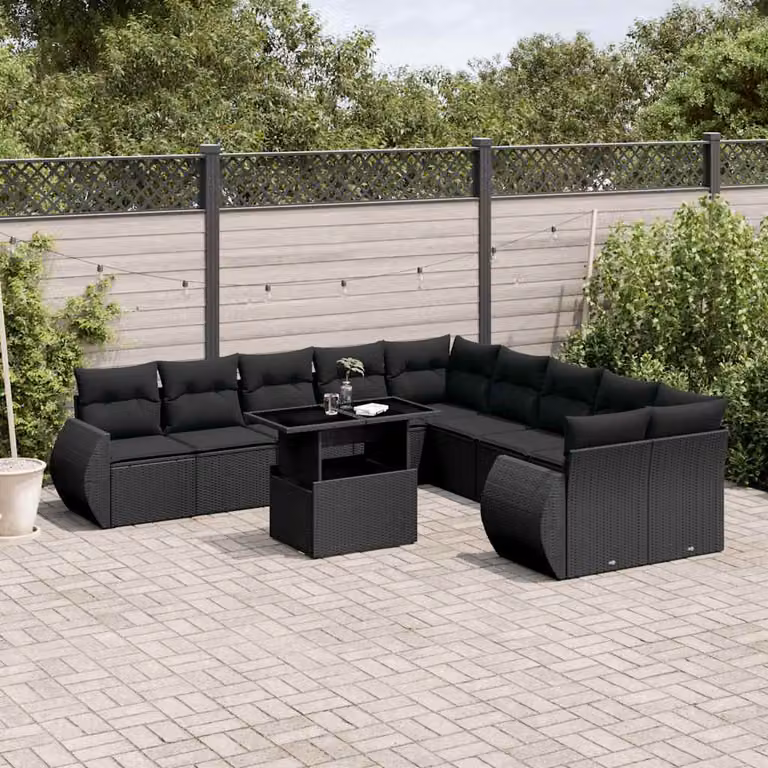 vidaXL Set Divani da Giardino 11 pz Moderno in Polyrattan Nero con Cuscini e Tavolino
