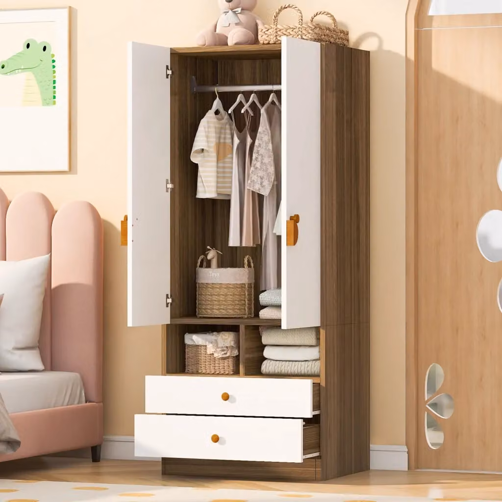 Armadio moderno per camera da letto con 2 ante, 2 cassetti e 2 nicchie in MDF, colore legno naturale e bianco, L: 70 cm, P: 50 cm, H: 170 cm – 2