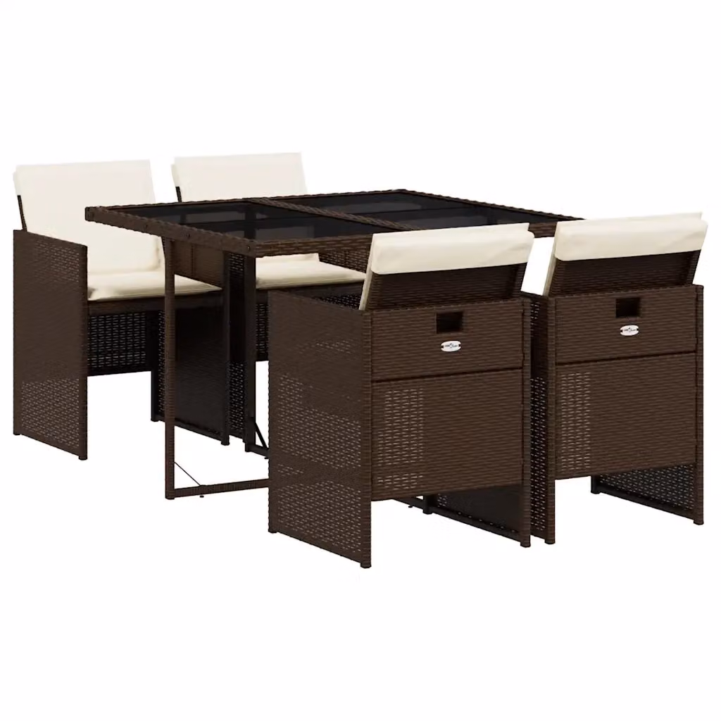 Set da Pranzo da Giardino vidaXL in Polyrattan Marrone con Cuscini e Tavolo in Vetro 5pz – 2