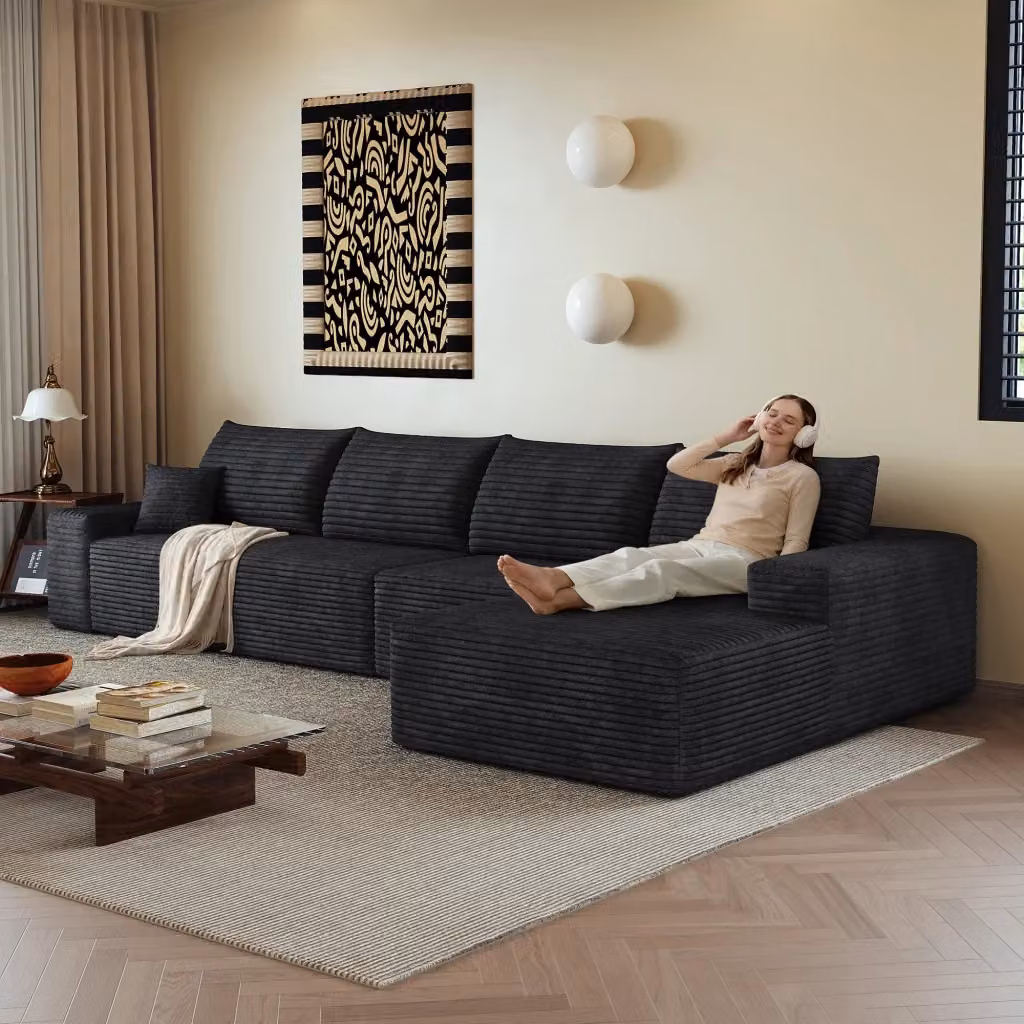 Divano angolare modulare Vovees Living a 4 posti in velluto a coste nero con chaiselongue, Larghezza: 340 cm – 2