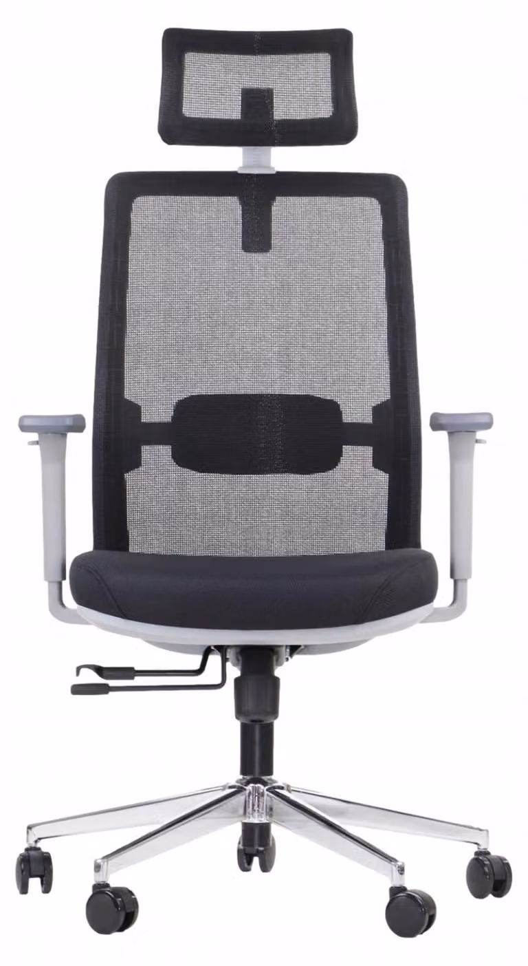 Sedia girevole ergonomica da ufficio CUTLER GF, base cromata, braccioli regolabili, poggiatesta e supporto lombare, struttura grigia, rivestimento nero
