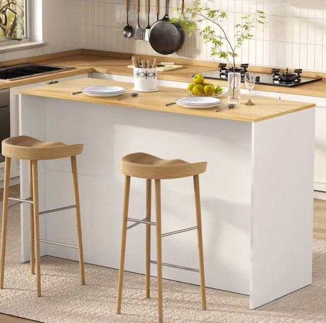 Isola cucina 135x55x91 cm in MDF bianco con LED e contenitore integrato –