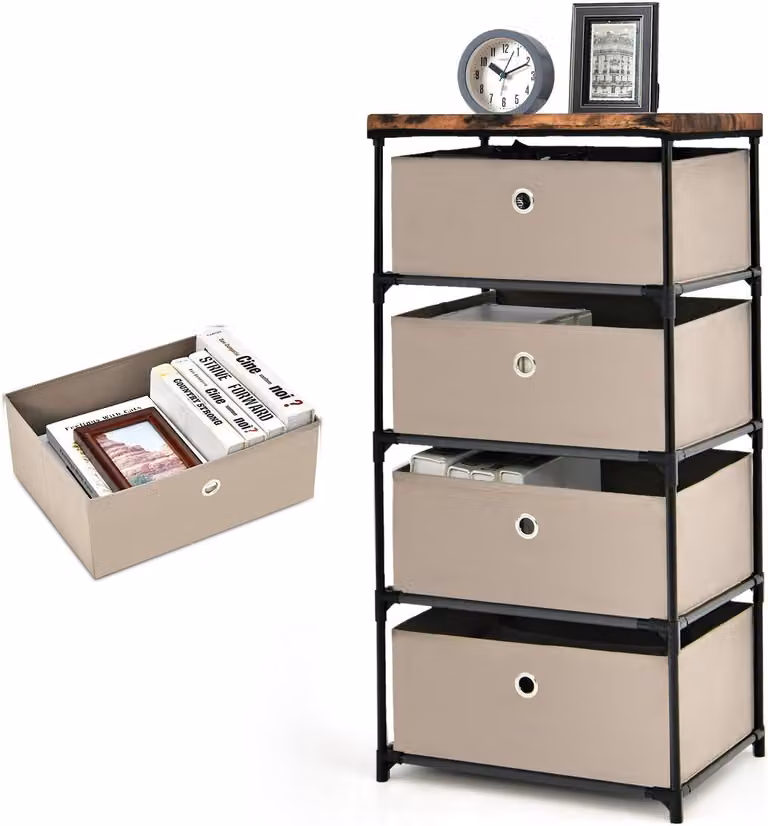 KOMFOTTEU: cassettiera con 4 cassetti estraibili e pieghevoli, cassettiera in tessuto, mobile contenitore in tessuto per soggiorno e ufficio