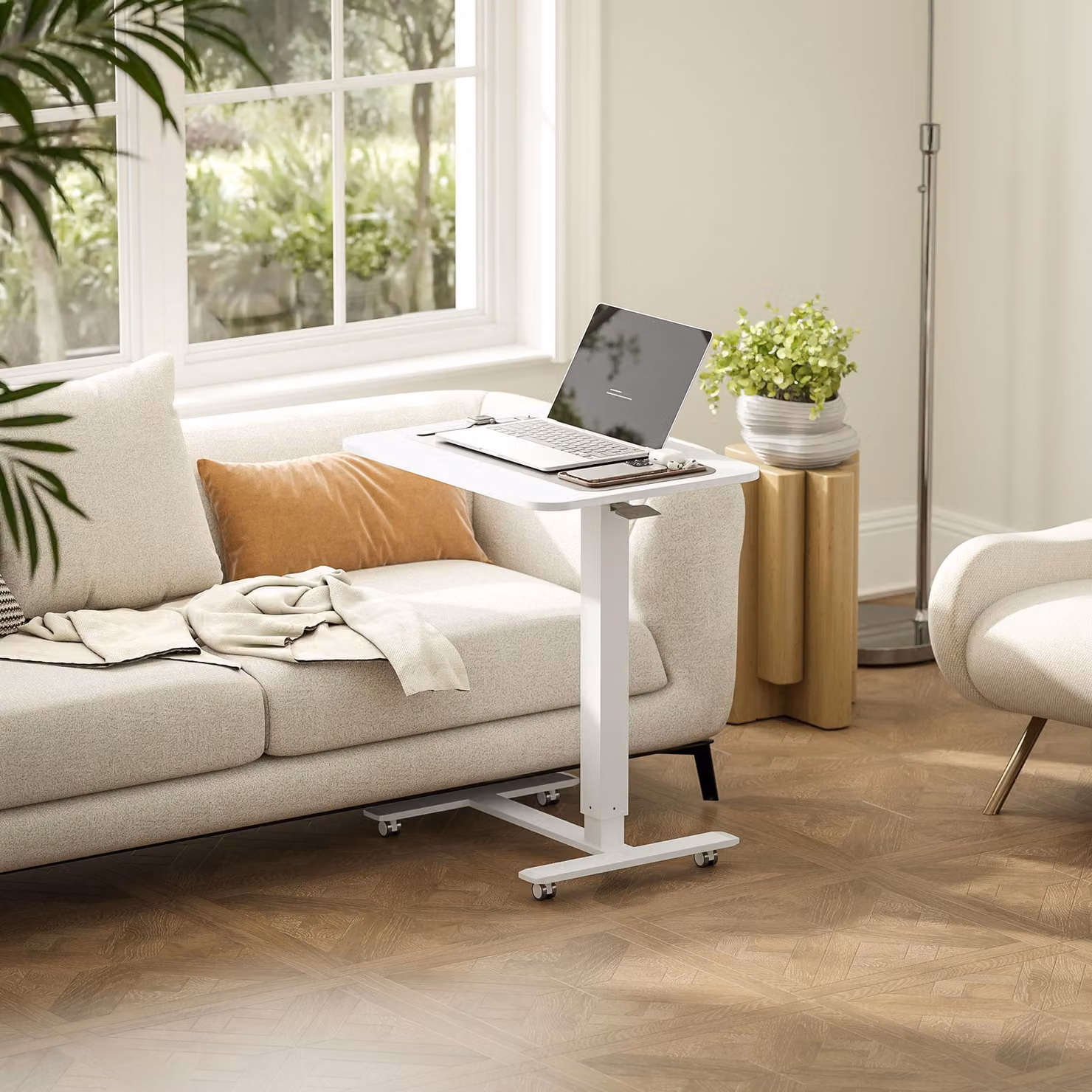 okwish tavolo laterale per laptop regolabile in altezza con elevazione a gas e 4 ruote piroettanti, tavolo laterale per scrivania in acciaio e legno, bianco