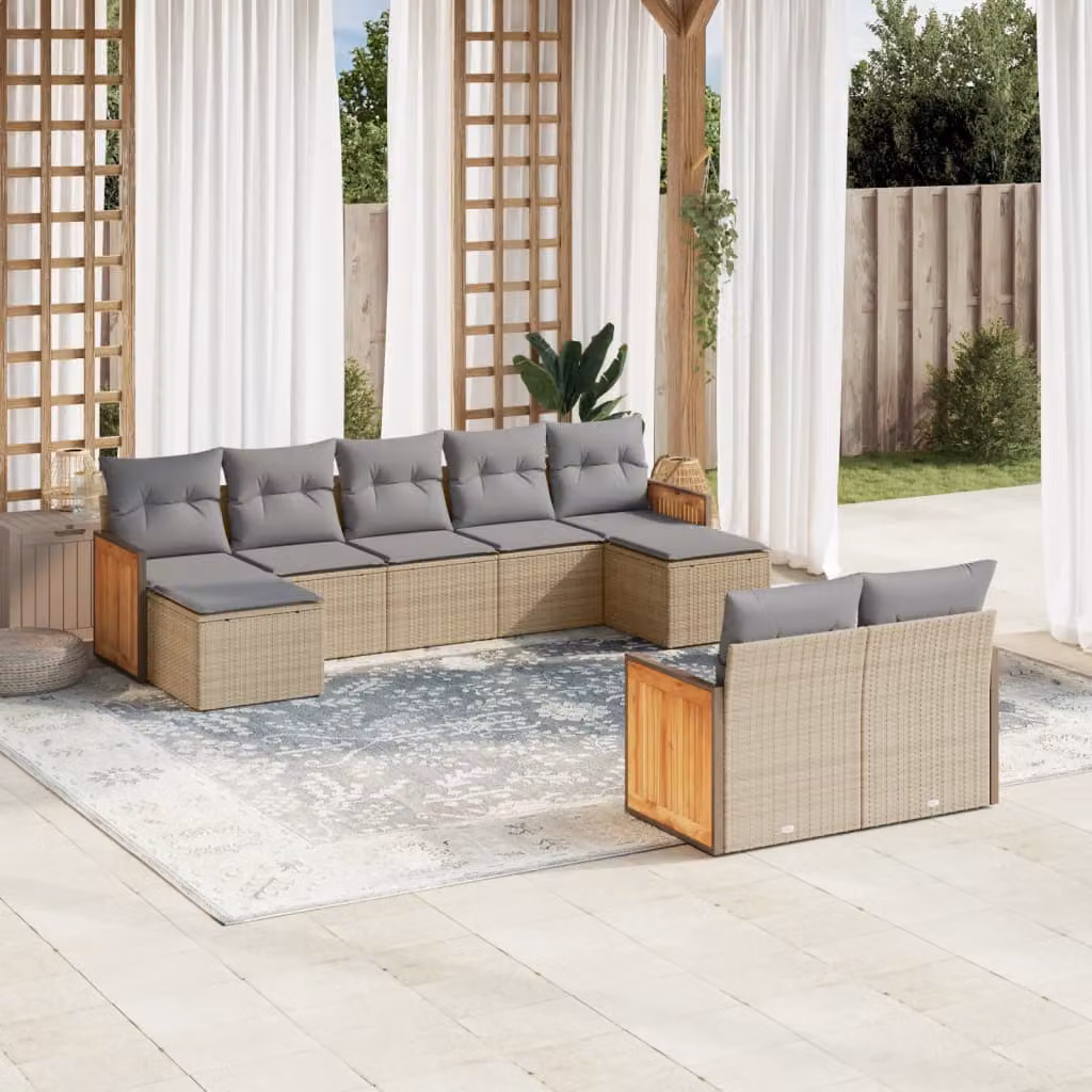 vidaXL Set Divano da Giardino 9 pz a forma di U in Polyrattan e Legno di Acacia con Cuscini Beige e Grigio – 1