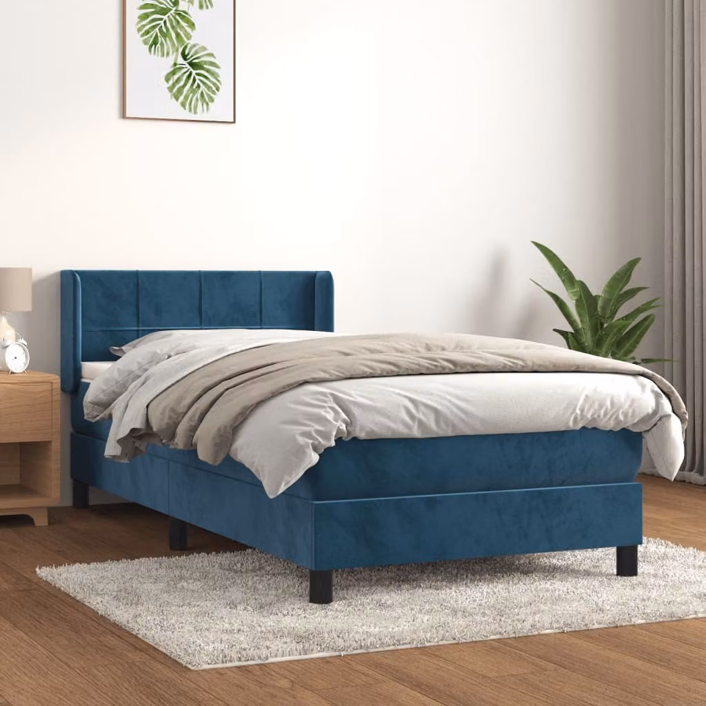 The Living Store Letto a molle con materasso blu scuro 90x200 cm in velluto
