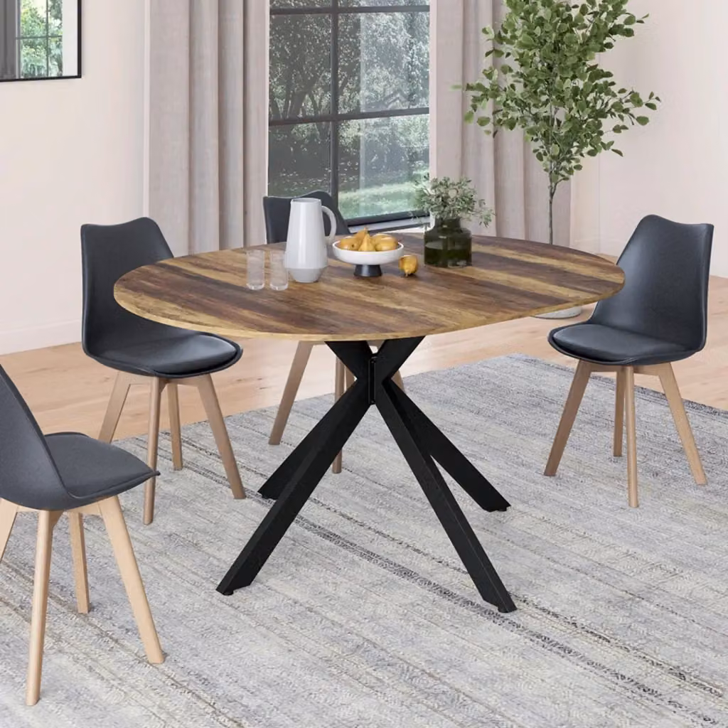 IDMarket Tavolo da pranzo rotondo allungabile HAWKINS con gamba a ragno nera e piano in legno scuro, per 4-8 persone, L: 110-150 cm, P: 110-150 cm, H: 76 cm – 2