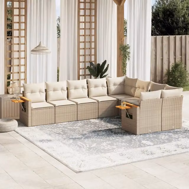 Set Divano da Giardino 9 pz con Cuscini Beige in Polyrattan 3227143