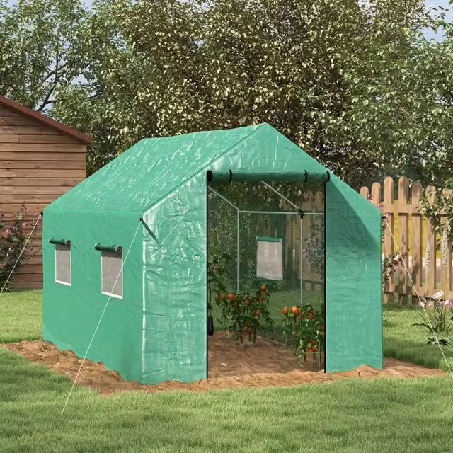 Serra a tunnel da giardino 200x300x200 cm in metallo verde con porta avvolgibile, 4 finestre e copertura UV