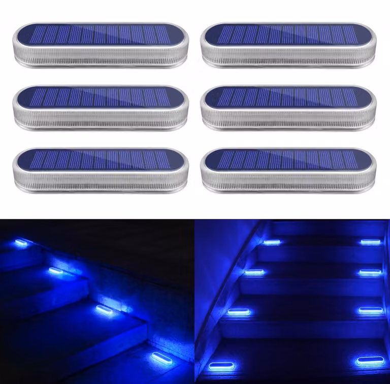 Lampade a LED solari, set da 6, 40 lumen, grado di protezione IP68, colore blu, con accensione automatica