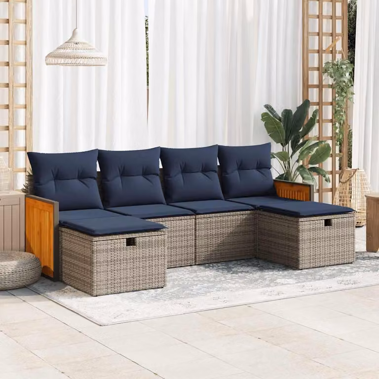Set Divano da Giardino a L vidaXL 6 pz con Cuscini Grigio e Blu in Polyrattan e Legno di Acacia