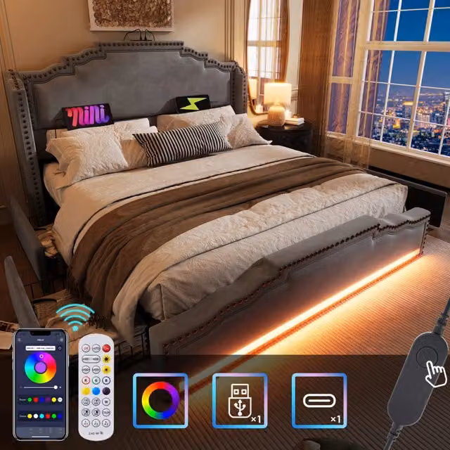 Letto Matrimoniale 180x200 in Velluto Grigio con 4 Cassetti; Illuminazione LED e Prese USB/Type-C