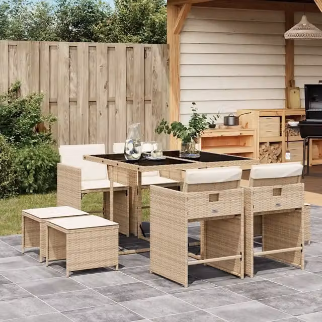 Set da Pranzo da Giardino 9 pz con Cuscini Beige in Polyrattan 3211138