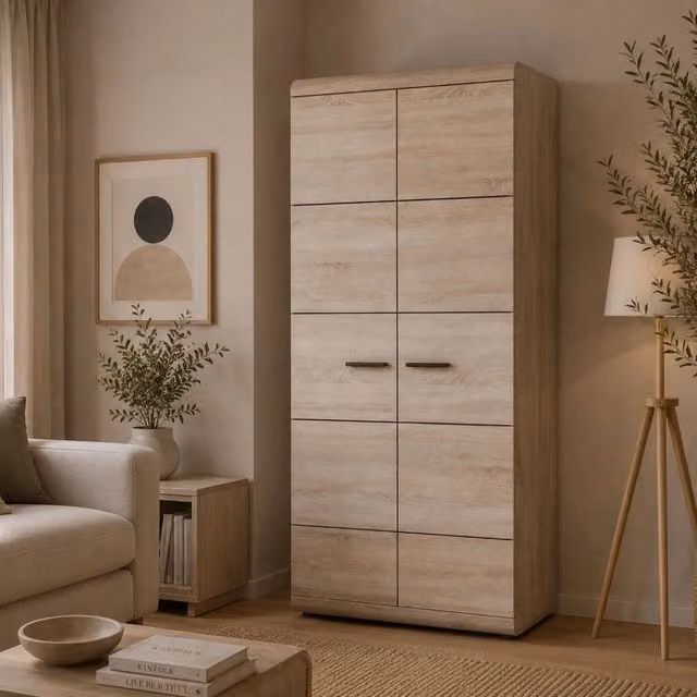 Armadio da camera da letto DMORA con 2 ante, appendiabiti e ripiani interni, colore marrone rovere, L: 80 cm, H: 194 cm – 1