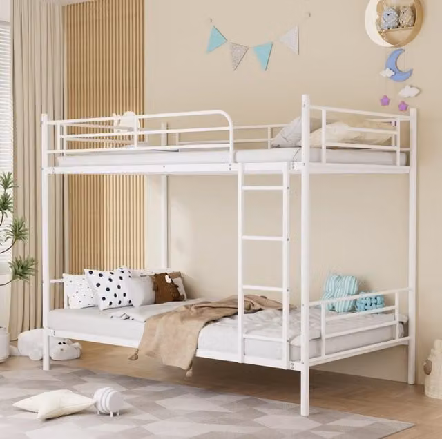Letto a castello in acciaio 90x190 cm con scala e sponda di sicurezza; bianco