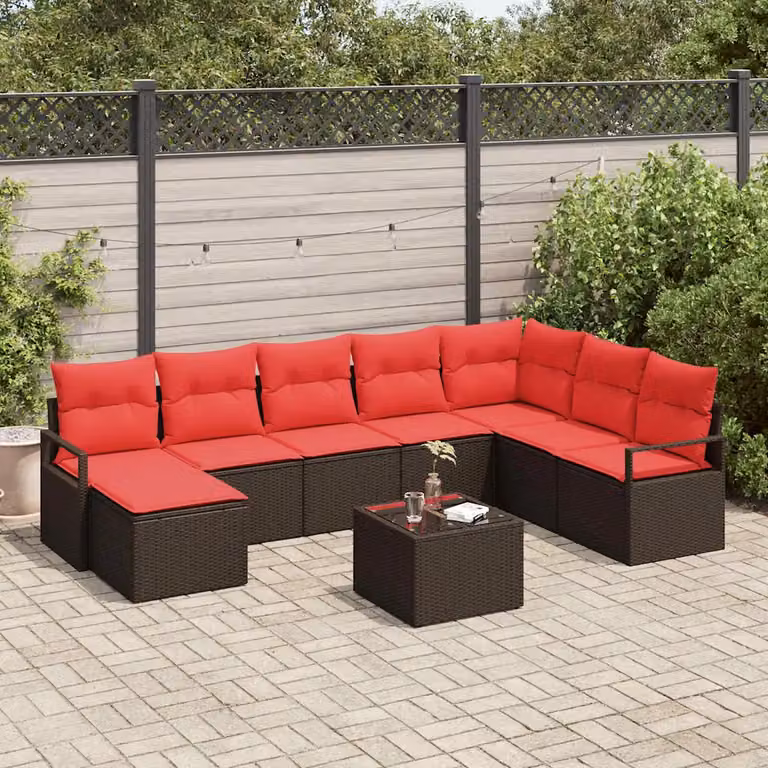 Set di divani da giardino vidaXL 9 pezzi in rattan marrone con struttura in acciaio e cuscini inclusi