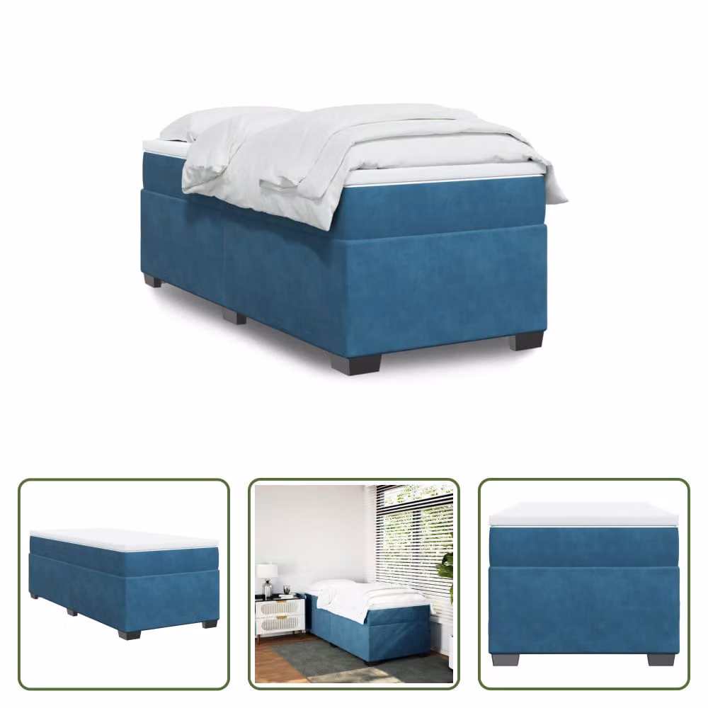 The Living Store Letto a molle con materasso blu scuro 100x200 cm in velluto