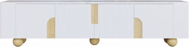 Mobile TV bianco da 180 cm con 4 ante, design elegante e superficie effetto marmo, gambe in legno massello tonde
