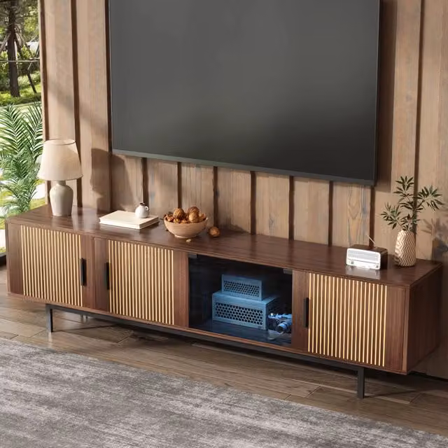 Mobile TV con ante in vetro temperato, fascia LED con controllo tramite app, per soggiorno, nero noce, 200 × 35 × 53 cm
