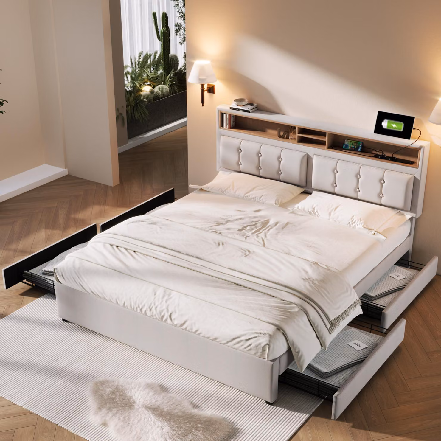 Letto imbottito STILVORA, 140x200 cm, matrimoniale, con rete a doghe e 4 cassetti. Letto contenitore con altezza regolabile dello schienale, funzione di ricarica USB e di tipo-C, color beige (senza materasso)