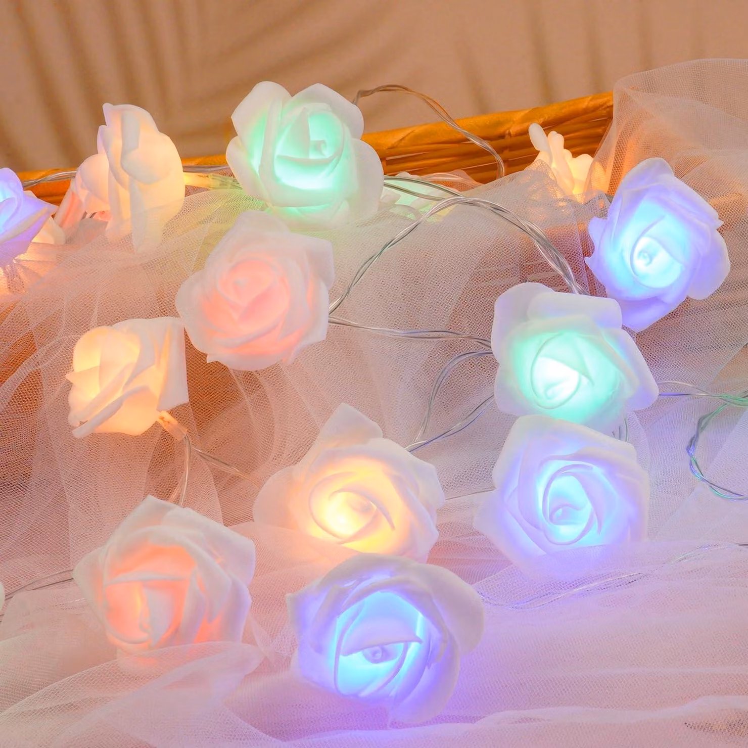 Catena luminosa a forma di rosa, 20 LED, 3 metri, alimentata a batteria, luce bianco caldo/colorata