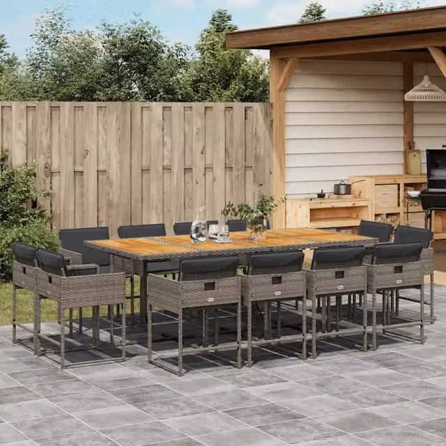 Set da pranzo da giardino vidaXL in polyrattan e legno di acacia con 13 pezzi e cuscini grigi – 1