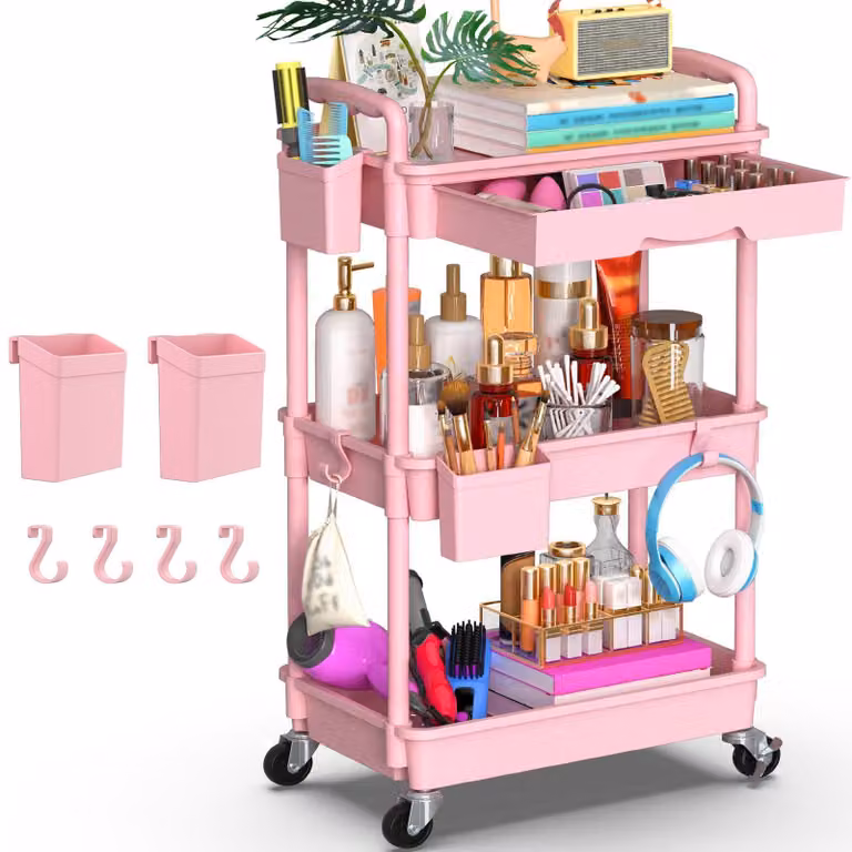 Carrello artigianale a 3 ripiani, carrello portaoggetti su ruote con cassetto, ideale per cucina, bagno, ufficio, soggiorno, color rosa