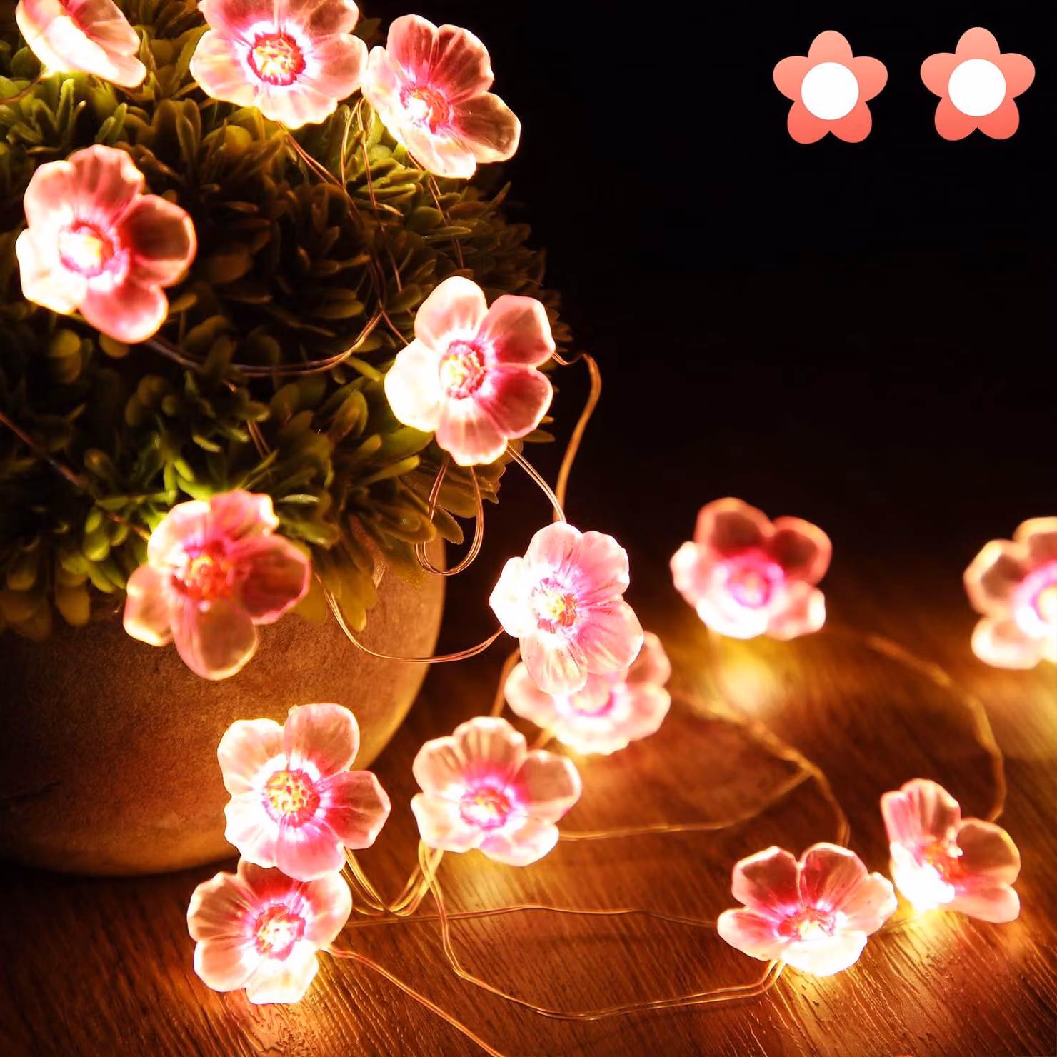 Catena luminosa a forma di fiori di ciliegio, 4 metri, 40 LED rosa, alimentazione USB/batterie