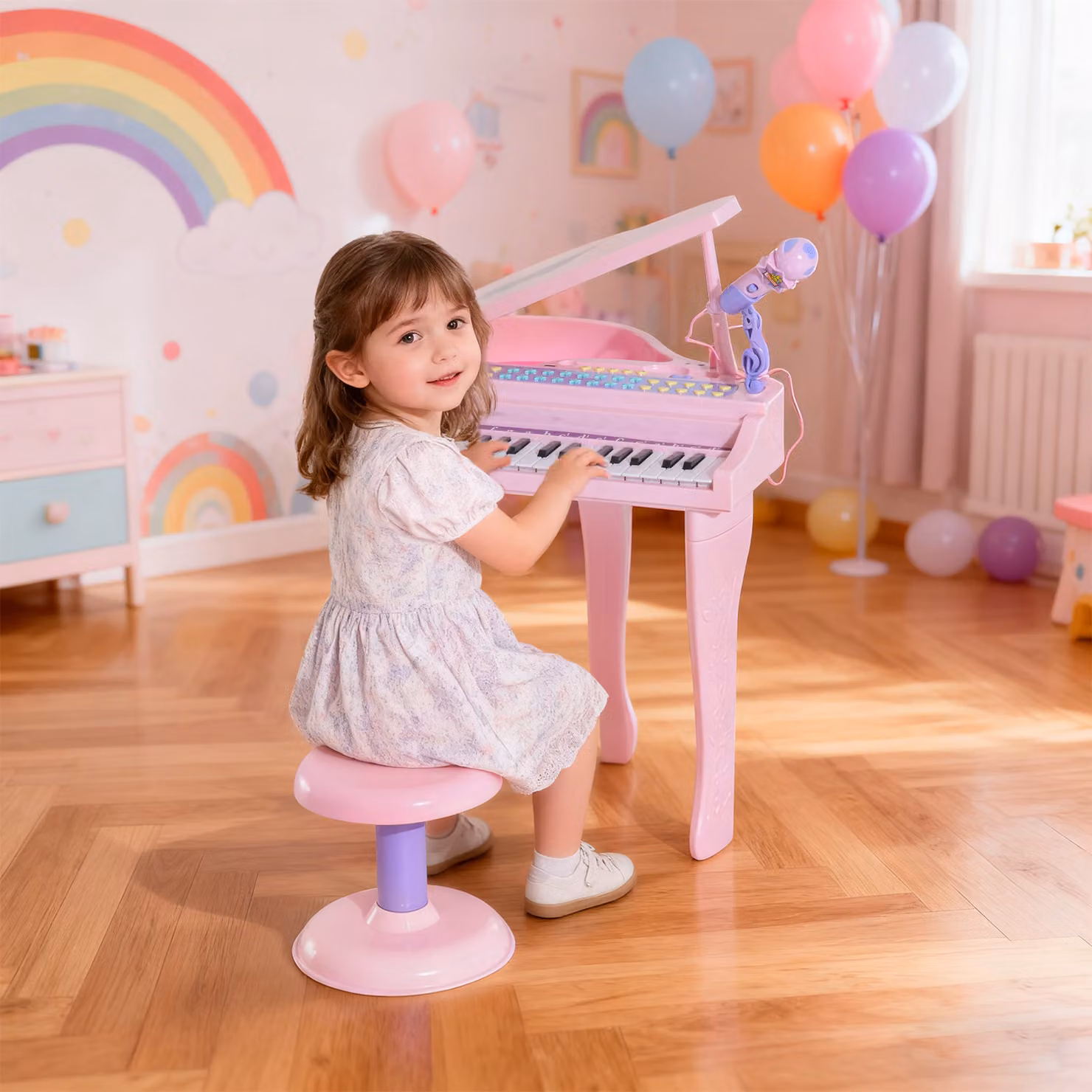 Pianoforte giocattolo automatico con tastiera e sgabello HOMCOM, Rosa, L: 48 cm, P: 39 cm, H: 69 cm – 2