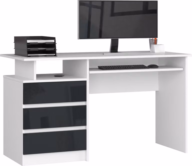 Scrivania 135x60 cm con 3 cassetti, scrivania per computer con ripiano estraibile per tastiera
