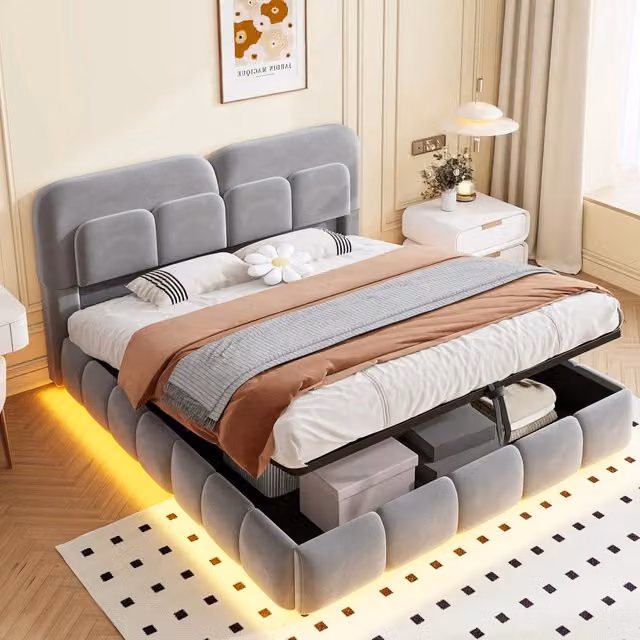 Letto matrimoniale imbottito con contenitore e LED; 140x200 cm; in velluto grigio
