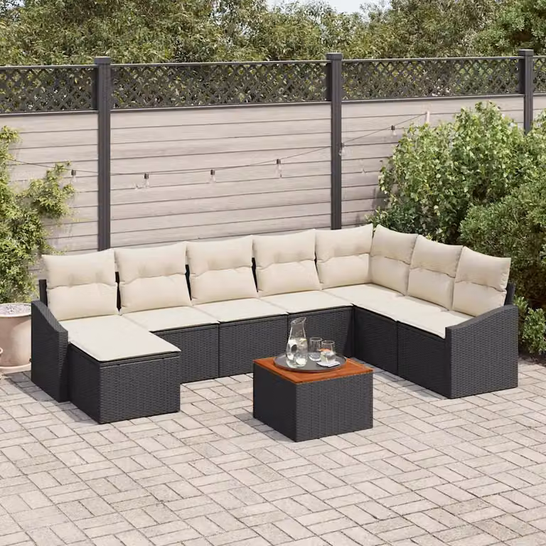 Set Divano da Giardino vidaXL in Polyrattan 9 Pezzi con Cuscini Nero e Beige