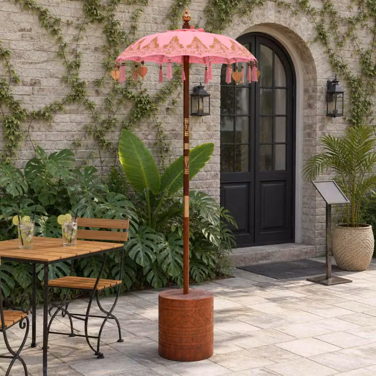 Set di 2 ombrelli balinesi vidaXL in legno e bambù con base, colore rosa