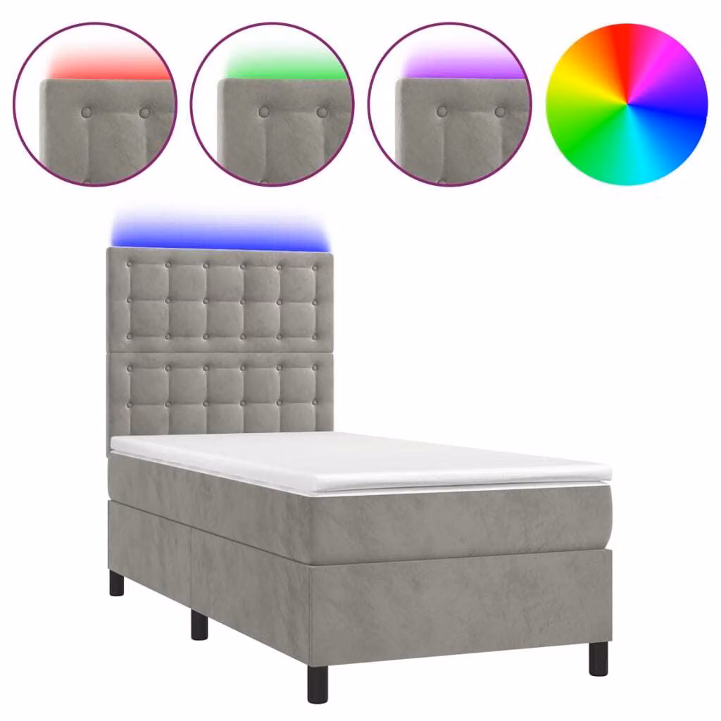Letto a Molle Materasso e LED Grigio Chiaro 80x200 cm Velluto